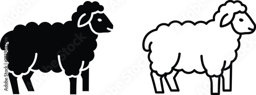 Black and white sheep line art illustration isolated on transparent background, Vector
