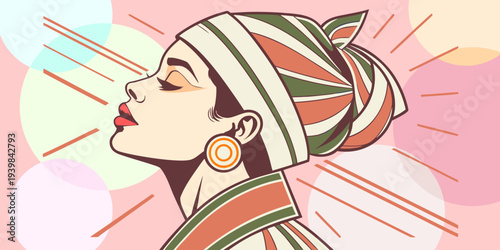 Stylish bohemian woman portrait wearing headscarf and earrings in artistic flat vector style. Ideal for fashion branding, lifestyle magazines, beauty campaigns, and creative editorial designs.