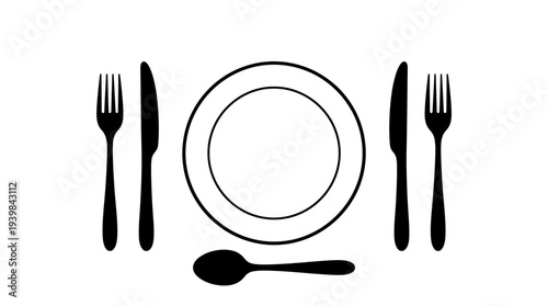 Simple black dinnerware setting with cutlery on white background.