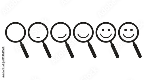 Magnifying glasses with emotive faces ranging from sad to happy.
