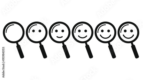 A row of magnifying glasses with smiley faces inside them, varying from neutral to happy expressions.