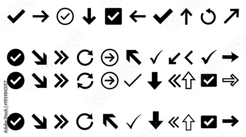 Collection of black arrow and checkmark icons on white background.