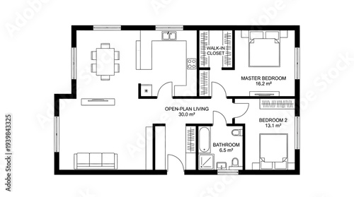 Detailed floor plan of a modern residential house with labeled rooms.