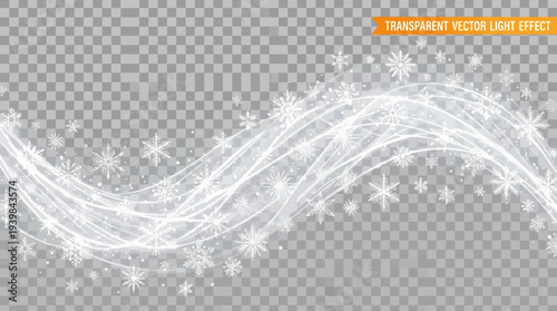 White wavy line with snowflakes on transparent background.