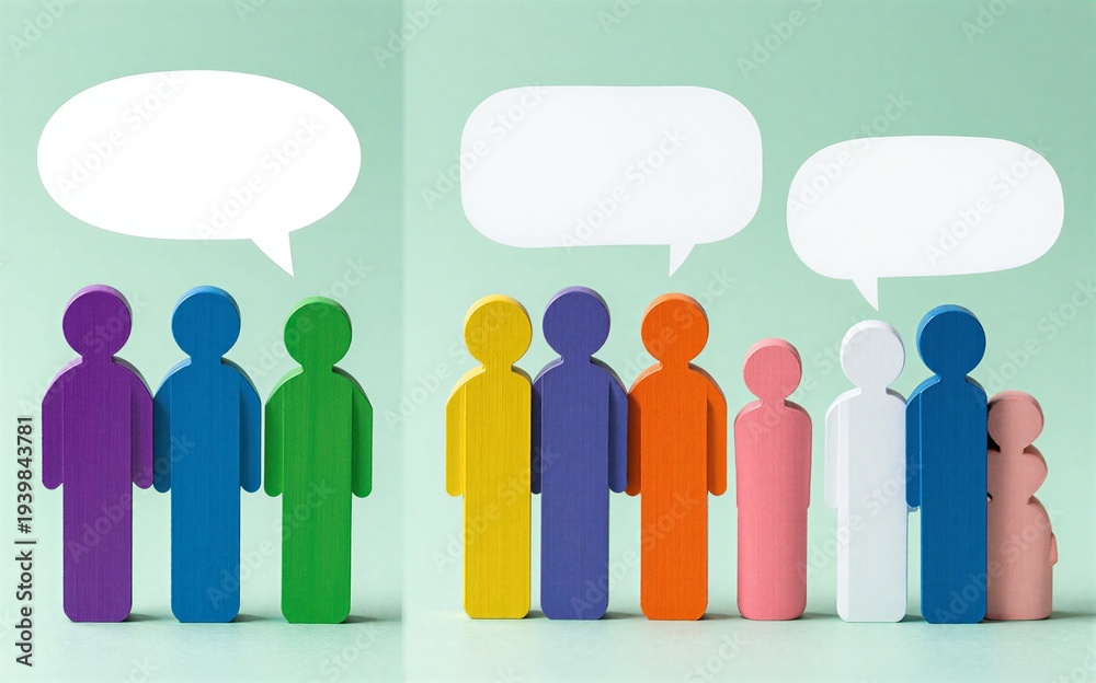 Fototapeta premium Colorful paper cutouts represent diverse groups communicating with speech bubbles.