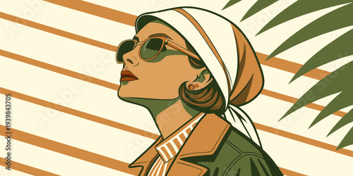 Modern fashionable woman wearing sunglasses and headscarf in stylish vector portrait. Perfect for fashion advertising, lifestyle branding, beauty blogs, and trendy editorial graphics.