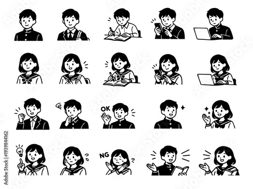 High school student icon set, simple monochrome pictogram of male and female students studying, smartphone and laptop
高校生アイコンセット シンプルな男女学生のモノクロピクトグラム 勉強 スマホ パソコン