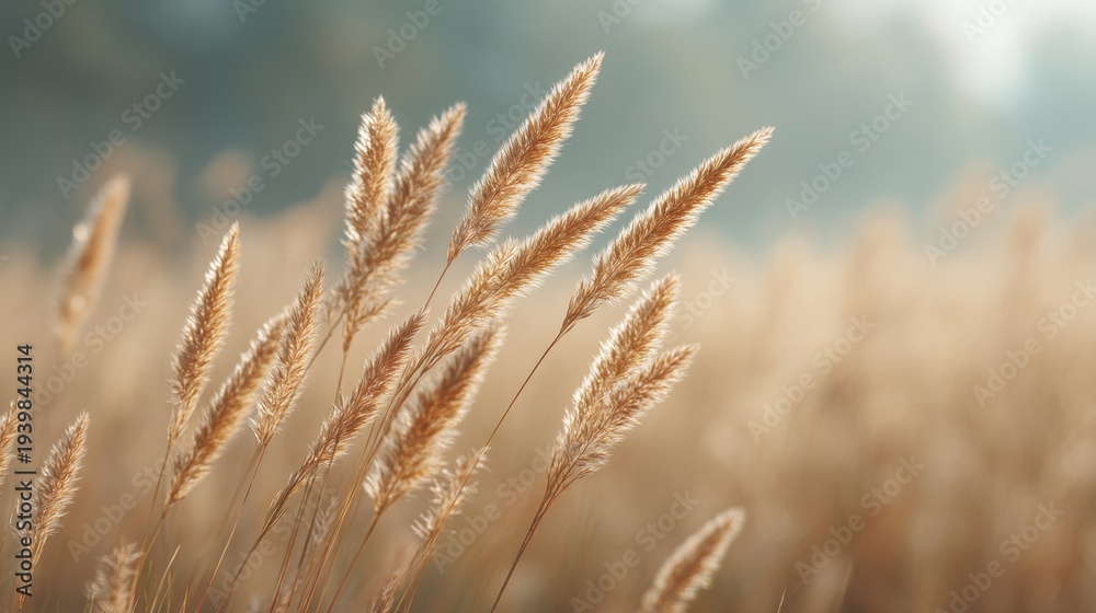 Obraz premium Soft Golden Grasses Swaying Gently in the Breeze During a Serene Sunrise in a Nature Landscape Setting