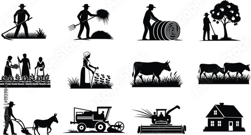Set of agriculture farming silhouettes icons featuring farmers, tractor, harvesting, planting, livestock, hay bale, orchard, farmhouse and traditional rural farm work activities