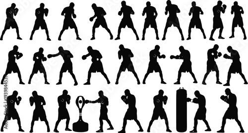 Collection of boxer silhouette poses showing boxing training movements, punching stances, shadow boxing practice and punching bag workout isolated for sport fitness design