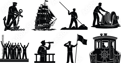 Maritime and transport worker silhouettes collection featuring sailor with anchor, sailing ship, railway operator, signalman, captain with telescope and cheering crowd icons