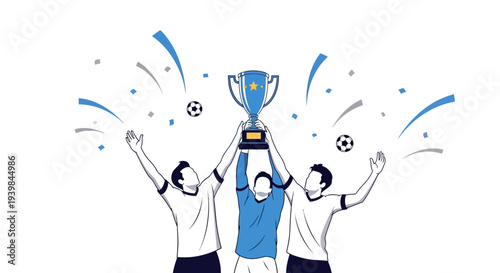 Three soccer players celebrating with a trophy.