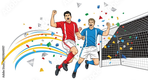 Two soccer players celebrating a goal with confetti.