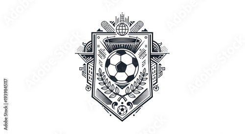 Vintage soccer emblem with ornate shield and soccer ball.