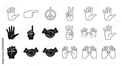 Collection of Hand Gestures and Symbols Vector Illustrations, Diverse Human Hand Signals and Icons for Communication and Design Concepts
