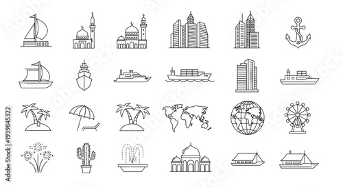 Collection of Travel and City Icons Vector Illustration, Simple Line Art Symbols for Tourism and Urban Life Design
