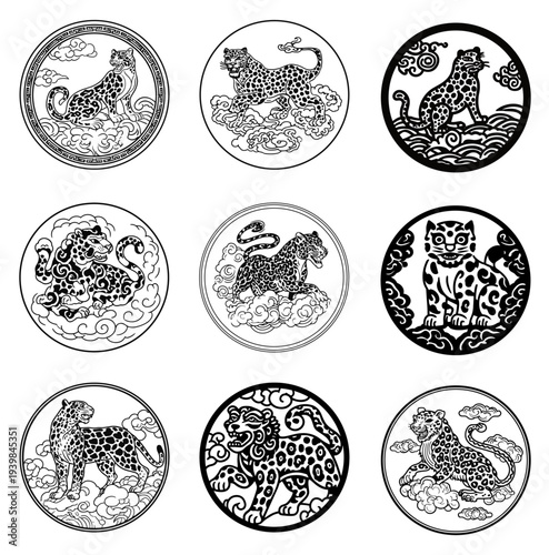 Vector set of 6 traditional Asian circular emblems with minimalist dancheong floral patterns (Premium K-design sticker element)
(프리미엄 K-디자인 스티커 요소 - 6종의 미니멀 단청 꽃무늬 가미 전통 아시아 원형 엠블럼 벡터 세트)