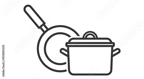 Cooking Pot and Frying Pan Vector Illustration, Kitchenware Icon Set for Culinary Design and Food Preparation Concepts, Clean Line Art Graphic