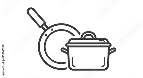 Cooking Pots and Frying Pan Vector Illustration, Kitchenware Icon Set for Culinary and Food Service Design, Simple Outline Graphic