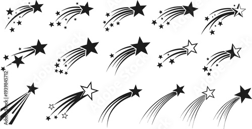 Shooting star silhouettes vector set, falling star icons with trails, magic sparkle celestial symbols, isolated black meteor illustrations for decoration and fantasy design