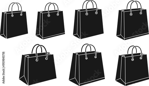 Shopping bag silhouettes collection, retail paper bags vector illustration set in black and white for ecommerce, packaging, branding, marketing design projects