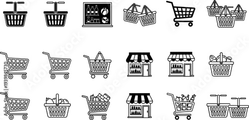 Shopping cart and basket icon set, retail store ecommerce symbols collection, black line vector illustration isolated on white background for commercial design