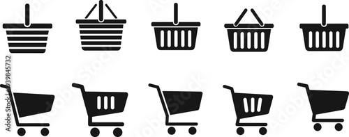 Shopping basket and cart silhouette vector illustration set, retail ecommerce icons collection, supermarket purchase symbols, black minimal online shopping design isolated
