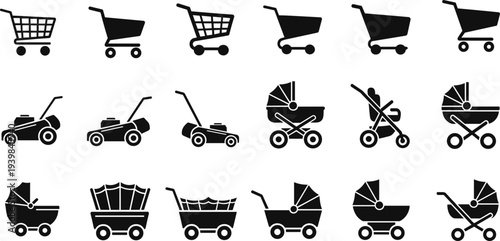 Shopping cart stroller and lawn mower silhouette vector set, retail childcare and gardening icons collection, black and white household equipment illustrations