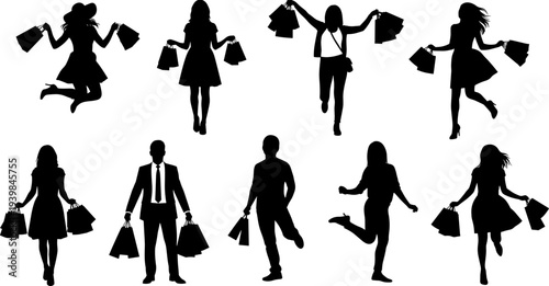 Shopping people silhouette vector set, happy men and women holding bags, retail consumer lifestyle illustration for fashion sale marketing design