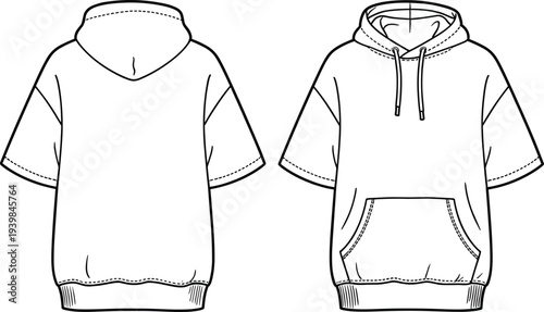 Short sleeve hoodie technical fashion flat sketch, casual pullover sweatshirt design with hood and front pocket, detailed vector illustration template