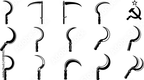 Sickle tool silhouettes vector set, agricultural harvest blades and communist symbol illustration, vintage farming weapons collection, isolated black icons for history labor themes