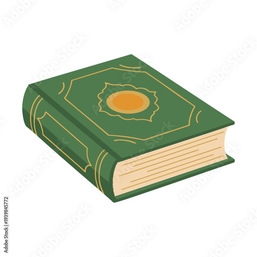 Simple flat vector of the Quran book, white background, no shadows, minimalist Islamic icon suitable for websites, apps, and stock images.