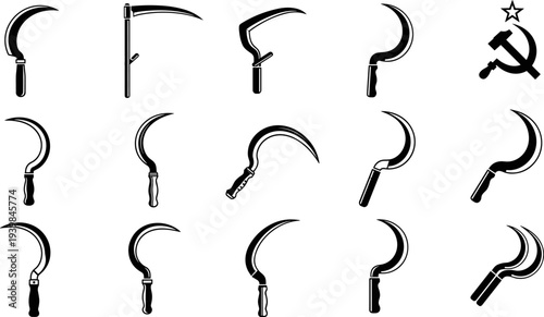 Sickle tool silhouettes vector set, agricultural hand tools collection with harvesting blades and communist symbol, black vintage sickle icons for design 