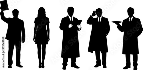 Silhouette business people standing in various poses, male and female professionals teamwork, office communication, leadership, business success, and corporate concept illustration