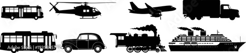 Silhouette collection of different transportation vehicles including bus, helicopter, airplane, truck, car, train, and cruise ship for travel and transport design