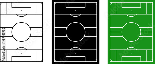 Seven a side soccer field top view set with outline, solid black and color versions. Clean football pitch diagram vector perfect for tactics board, sports infographic and field layout design.
