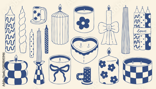 Hand drawn candle collection in trendy Mediterranean style. Decorative candles, jars, bow candles and sculptural shapes. Minimal blue line vector set for cozy home decor, branding and lifestyle design