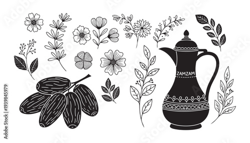 Ramadan Kareem celebration elements with dates, flowers, and arabic coffee pot vector illustration