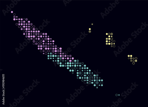New Caledonia, shape of the country build of colored cells. Digital style map of the New Caledonia on dark background. Small size circle blocks. Abstract vector illustration.