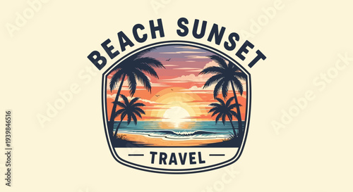 Vibrant Beach Sunset Travel Logo Design with Palm Trees.
