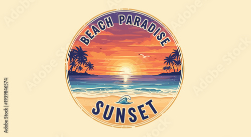 Beach Paradise Sunset Tropical Scene with Palm Trees.