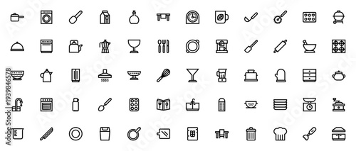 Kitchen icon set. Vector kitchenware collection. Includes pot, stove, oven, fridge, mixer, kettle, utensils, dishes and more. Editable thin line icons.