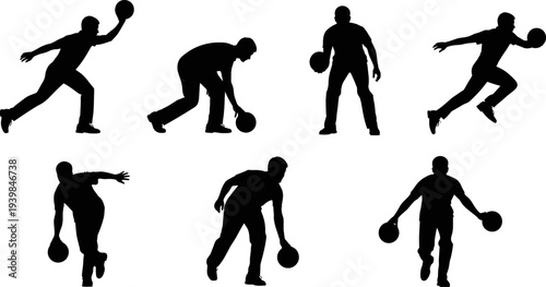 Silhouette collection of people playing bowling in various action poses, dynamic sports movement illustration, athlete positions, vector artwork for fitness and recreation themes