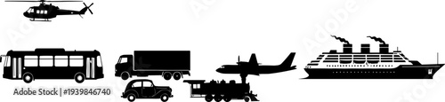 Silhouette collection of transportation vehicles including helicopter, bus, truck, airplane, car, train, and cruise ship for travel, logistics, and transport design illustration