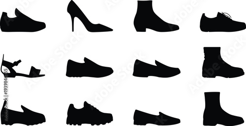 Silhouette collection of various footwear styles including sneakers, boots, heels, sandals, loafers, and dress shoes, isolated black shoe icons for fashion design