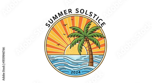 Summer Solstice 2024 Tropical Palm Tree Beach Scene Logo Design.