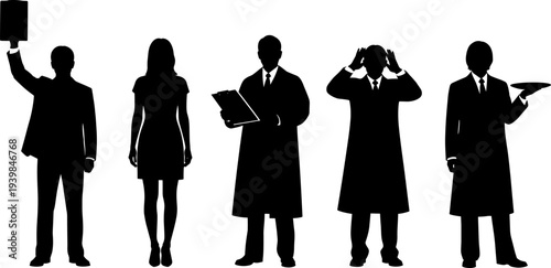 Silhouette group of business people standing in different poses, teamwork concept, leadership, communication, and corporate collaboration vector illustration on white background