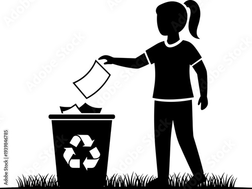 Silhouette illustration of a girl responsibly recycling paper into a bin with eco symbol, promoting environmental awareness, sustainability, waste management, and clean green living habits