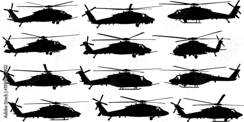 Silhouette military helicopters collection in various flight positions showcasing detailed rotorcraft shapes for aviation design, defense illustration, and vector artwork