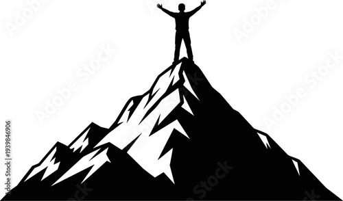 Silhouette man standing on mountain peak with raised arms, achievement success concept, leadership victory inspiration vector illustration